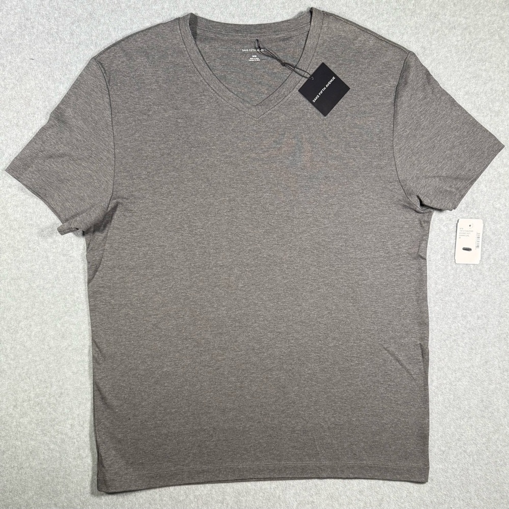 Saks Fifth Avenue Gray Short Sleeve V Neck Tee US Medium - NEW WITH TAGS